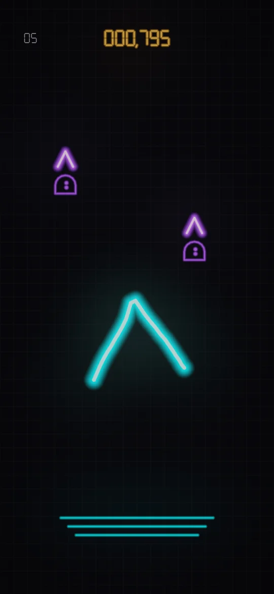 Glyph gameplay: a glowing cyan rune shaped like an upward chevron is drawn on a dark page while two purple doodles carrying the same rune drift down from above.